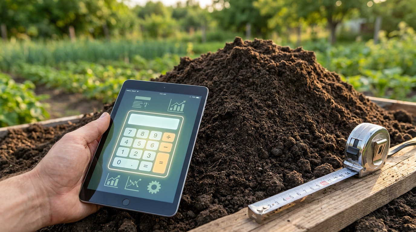 Une main tenant une tablette avec une application calculatrice devant un tas de terre et un mètre ruban au jardin.