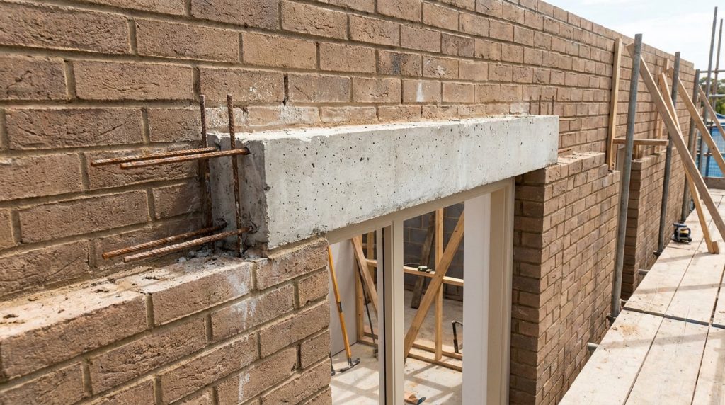 Linteau en béton armé posé au-dessus d'une ouverture de fenêtre sur un mur en briques lors d'un chantier.