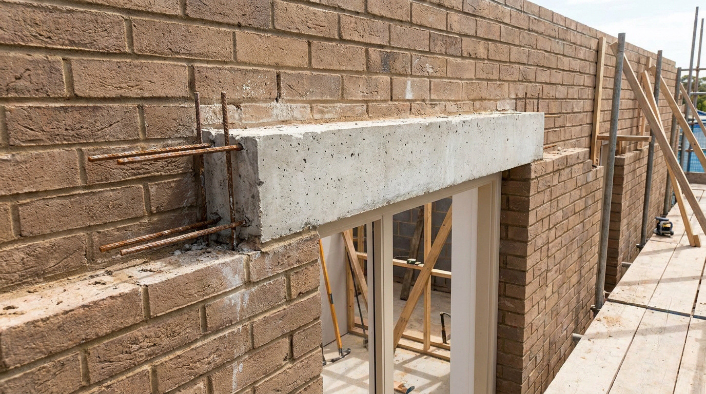 Linteau en béton armé posé au-dessus d'une ouverture de fenêtre sur un mur en briques lors d'un chantier.