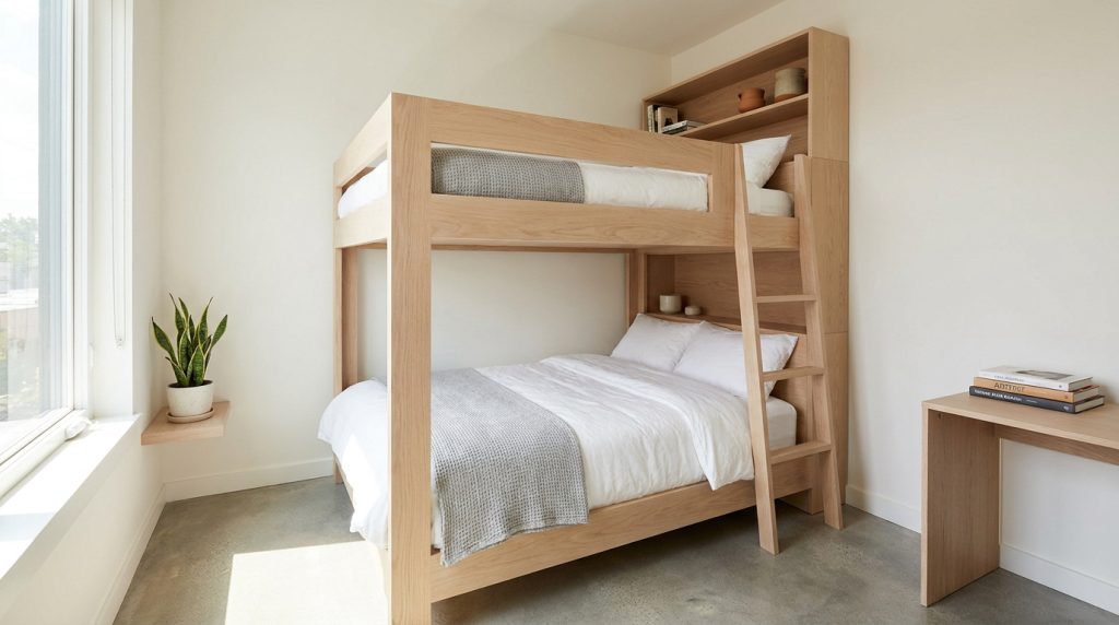 Lit superposé en bois clair avec étagères intégrées dans une chambre lumineuse et minimaliste.