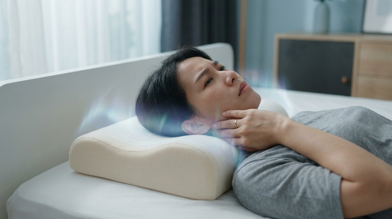 Une femme allongée sur un oreiller à mémoire de forme semble souffrir d'une douleur au cou avec un effet lumineux.