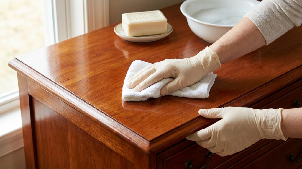 Mains avec des gants en latex nettoyant un meuble en bois verni avec un chiffon blanc près d'un savon et d'une bassine.