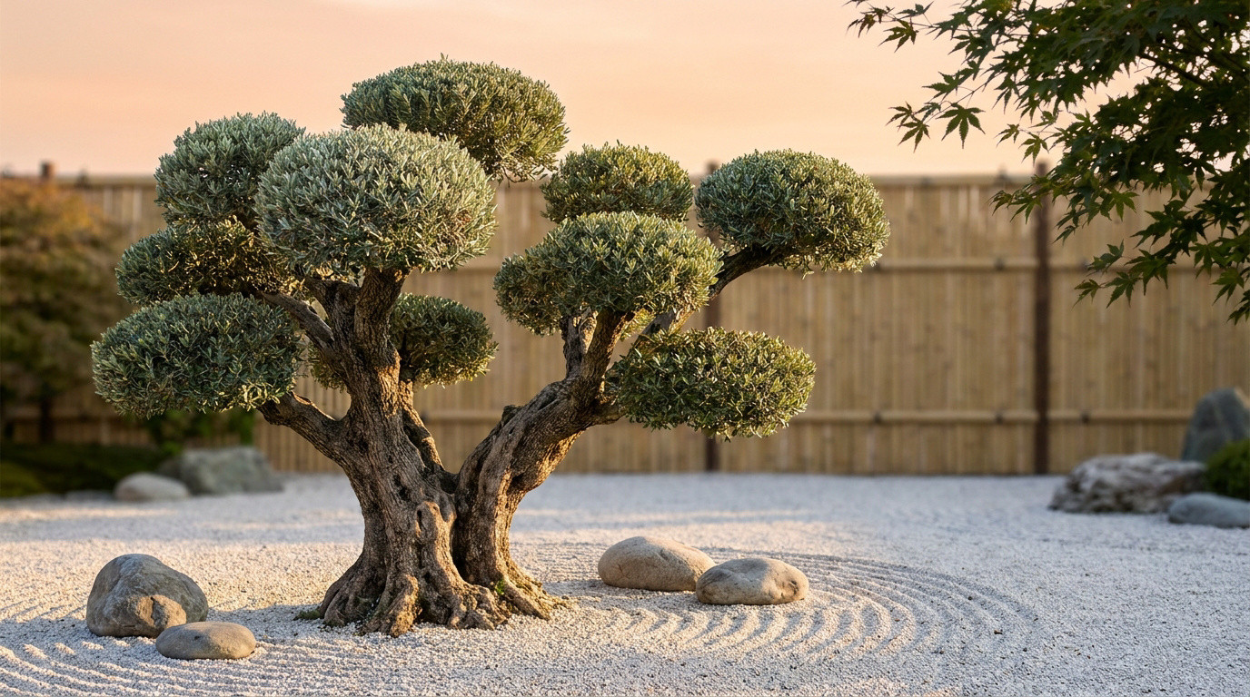Un olivier taillé en nuages au centre d'un jardin zen avec du gravier ratissé et des pierres décoratives.