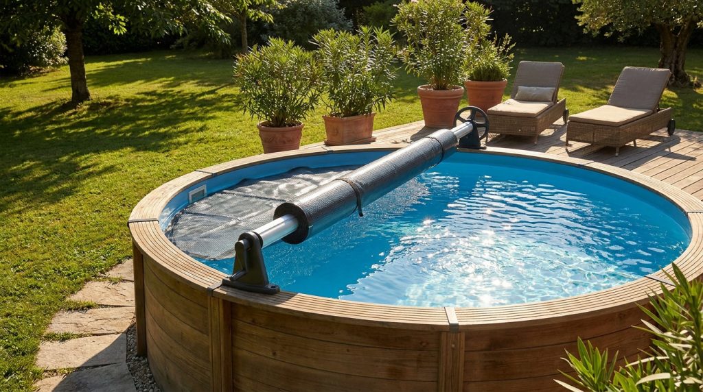 Enrouleur de bâche à bulles installé sur une piscine hors-sol ronde en bois dans un jardin ensoleillé.