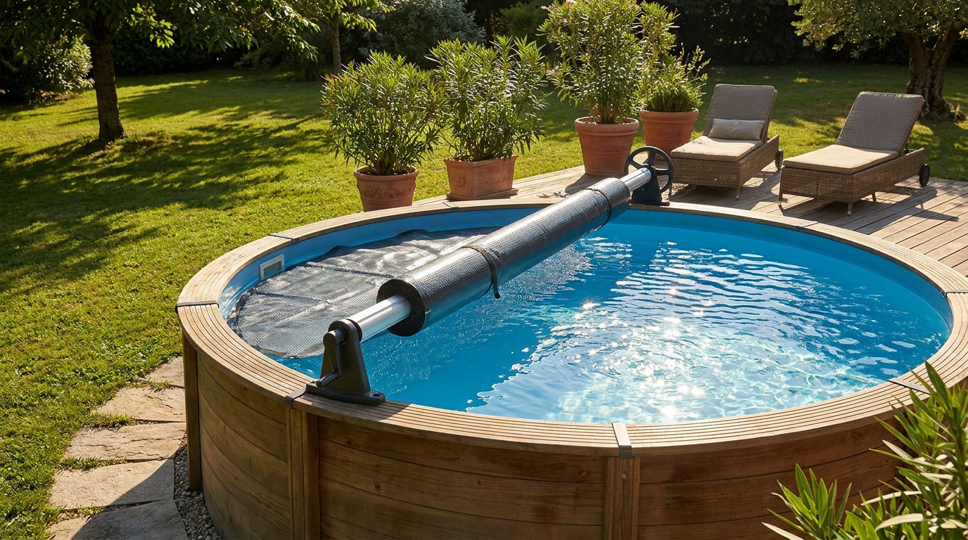 Enrouleur de bâche à bulles installé sur une piscine hors-sol ronde en bois dans un jardin ensoleillé.