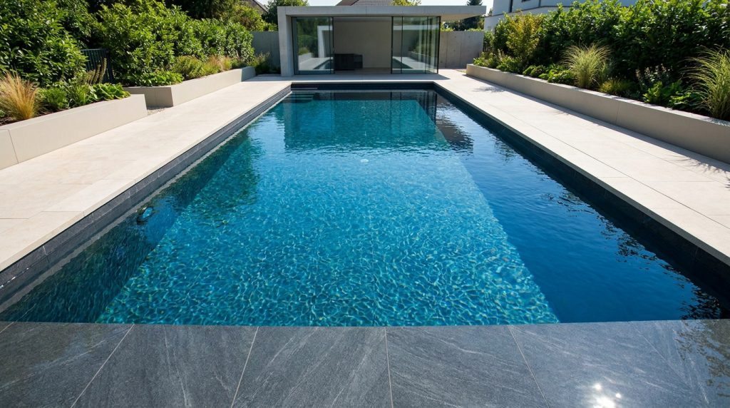 Piscine rectangulaire moderne avec un liner gris anthracite, entourée d'une terrasse en pierre et d'un jardin paysager.