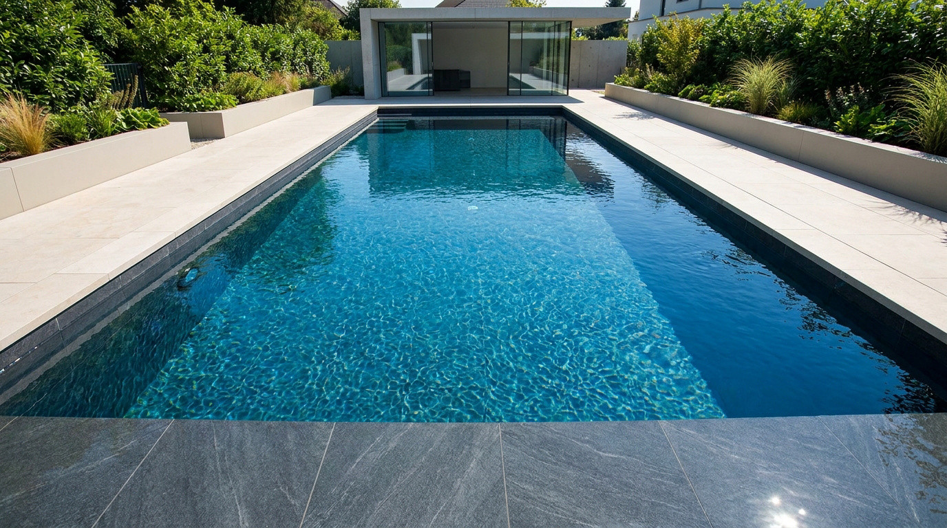 Piscine rectangulaire moderne avec un liner gris anthracite, entourée d'une terrasse en pierre et d'un jardin paysager.