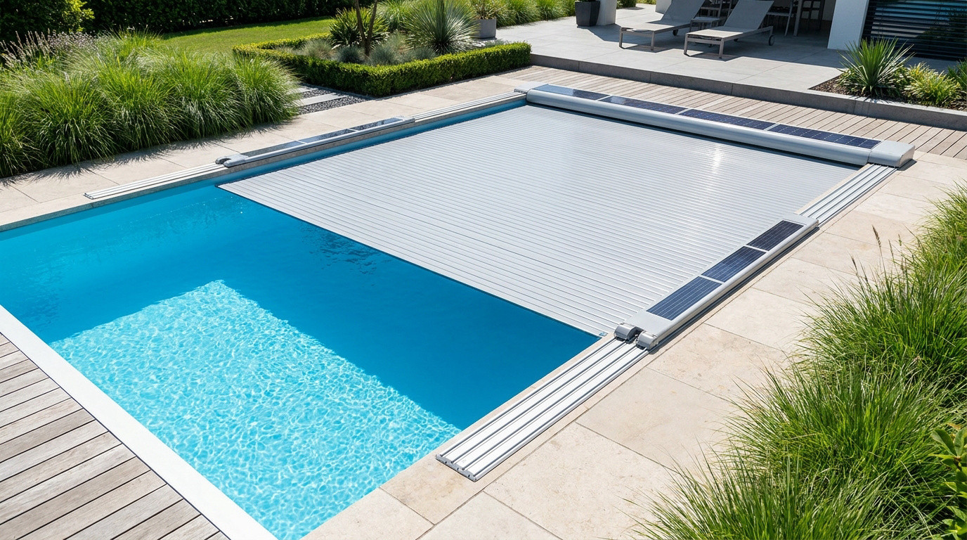 Volet roulant solaire pour piscine 8x4 dans un jardin moderne avec terrasse en bois.