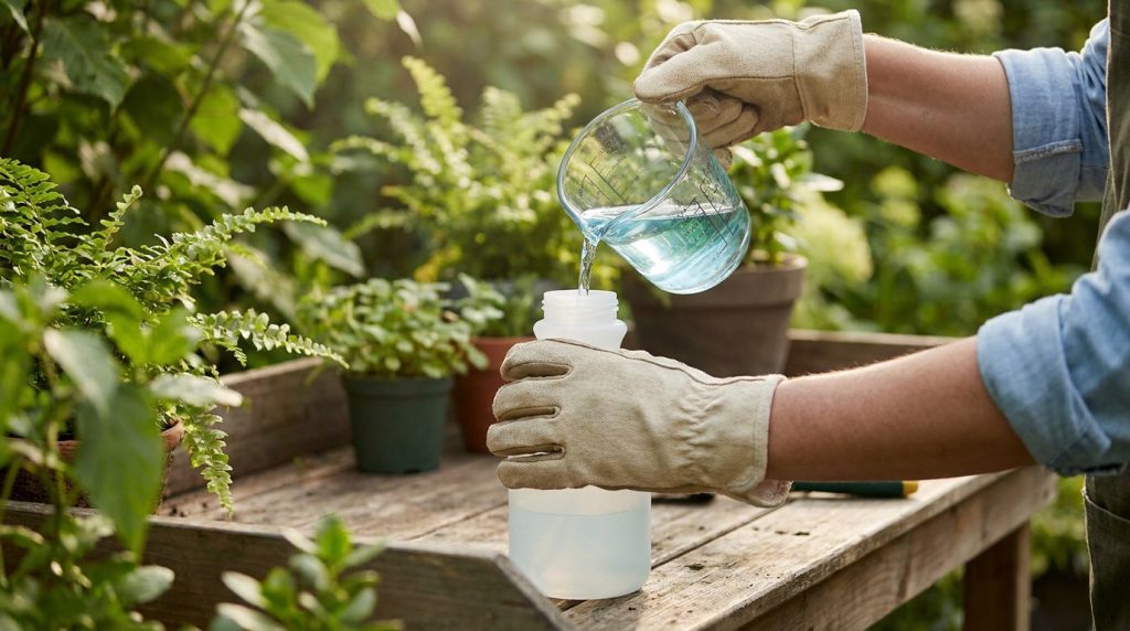 Une personne gantée verse un liquide bleu dans un pulvérisateur sur une table de jardin avec des plantes.