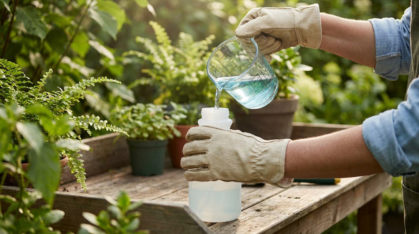 Une personne gantée verse un liquide bleu dans un pulvérisateur sur une table de jardin avec des plantes.