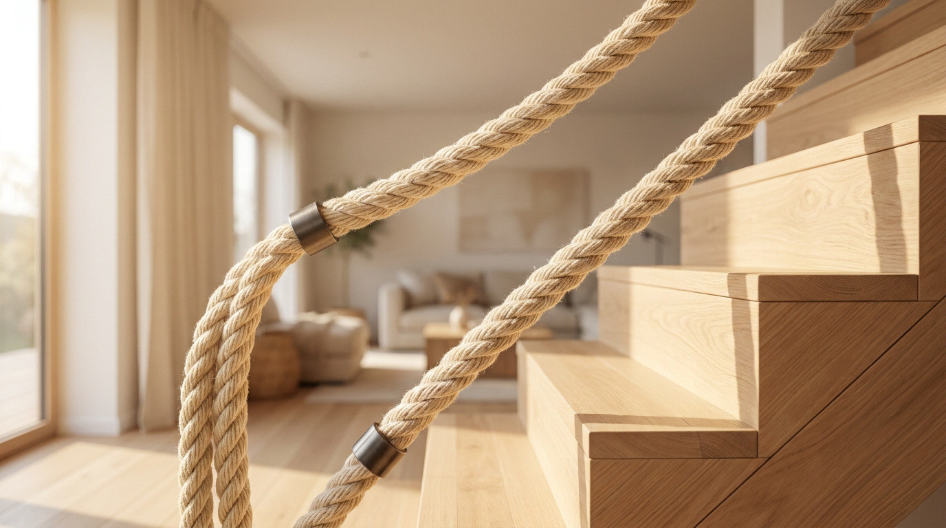 Escaliers en bois clair avec une rampe élégante faite d'une épaisse corde tressée fixée par des supports métalliques.