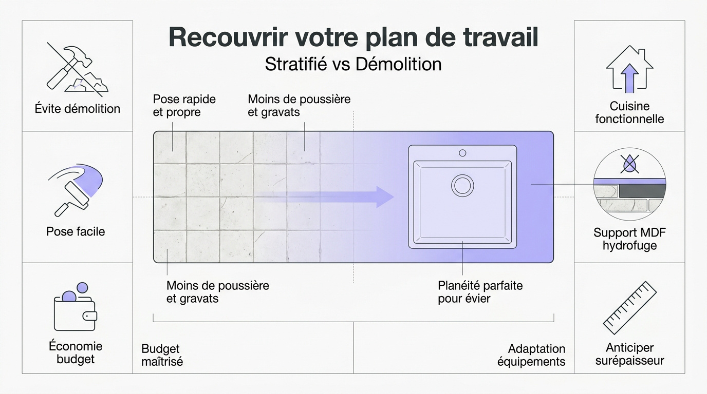 Comparaison entre le recouvrement d'un plan de travail en stratifié et la démolition du carrelage existant