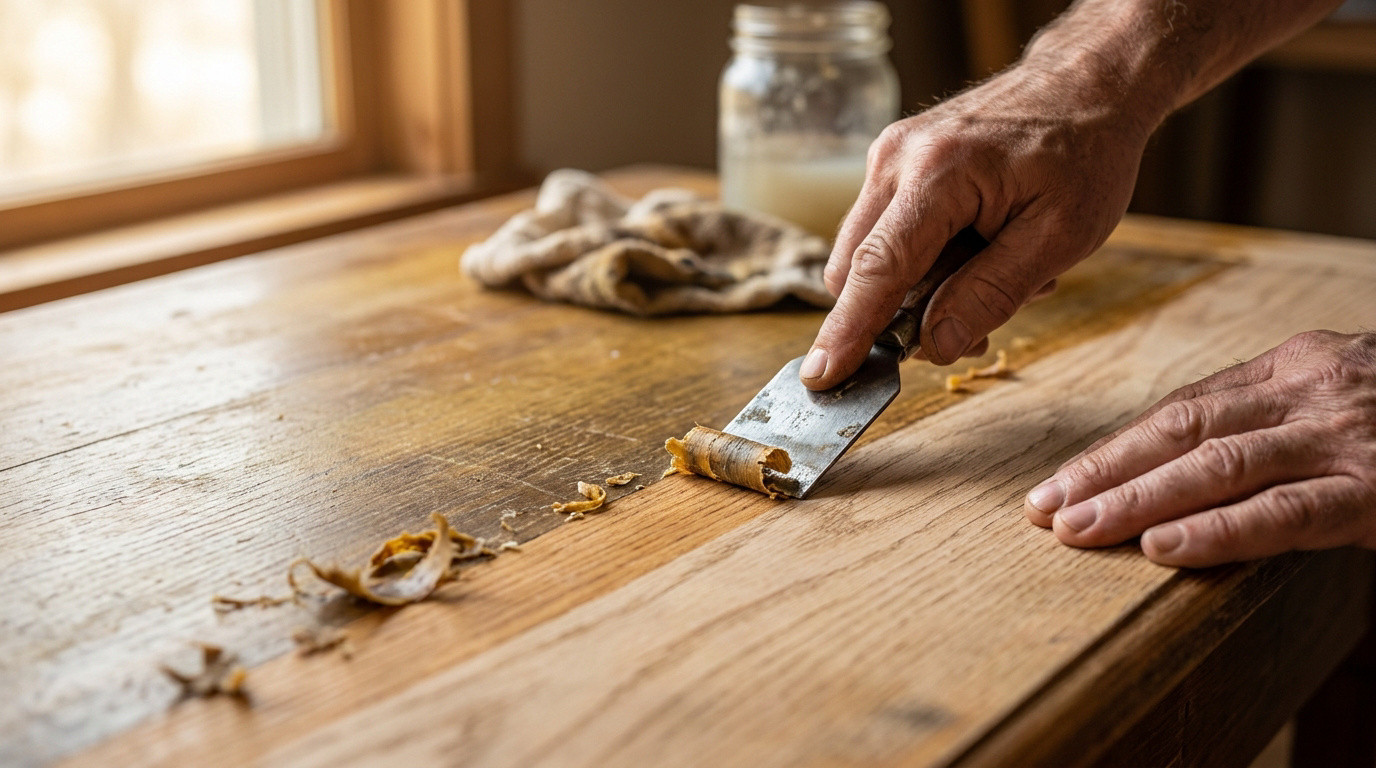 Main utilisant un grattoir en métal pour enlever la vieille cire d'une surface en bois naturel.