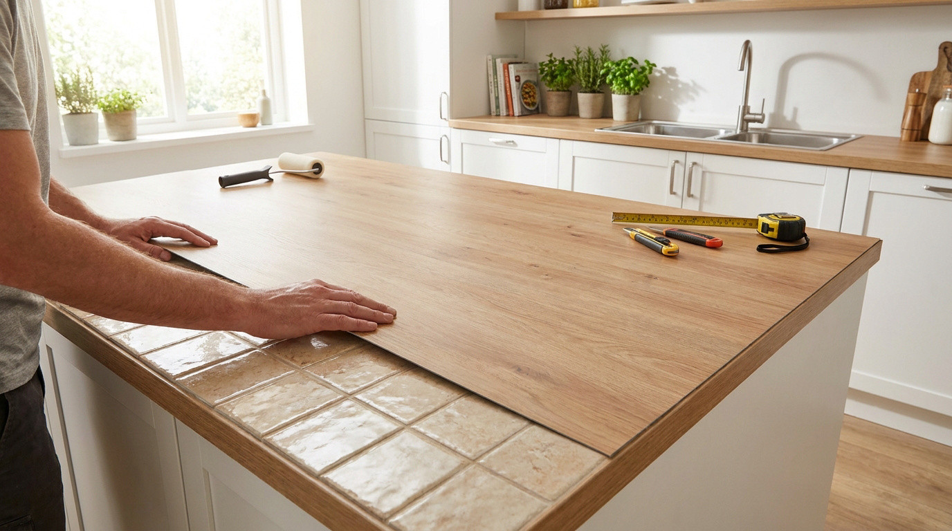 Un homme pose un panneau stratifié effet bois sur un ancien plan de travail carrelé dans une cuisine moderne.