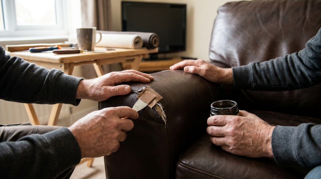 Mains réparant une déchirure sur un accoudoir de fauteuil en cuir marron avec une spatule et un patch adhésif.