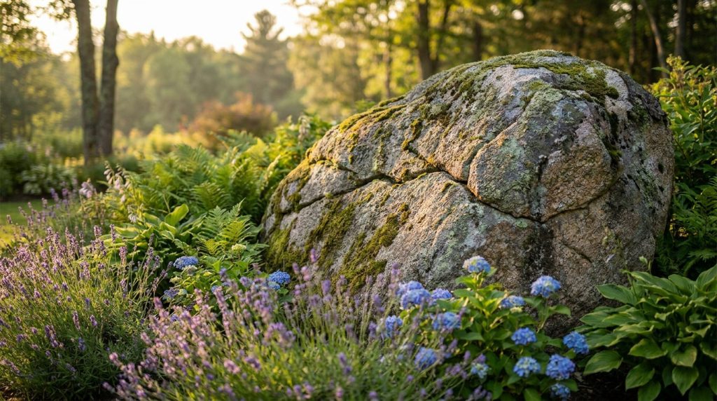 Une grosse pierre recouverte de mousse au milieu d'un jardin entouré de lavandes, d'hortensias et de fougères au soleil.