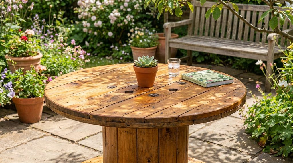 Table de jardin ronde fabriquée à partir d'un touret en bois avec une succulente et un livre sur une terrasse fleurie.