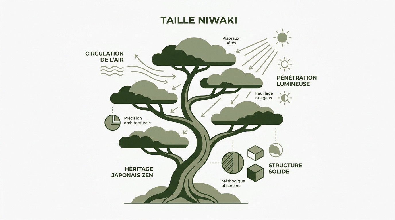 Olivier taillé en nuage selon la méthode niwaki dans un jardin ensoleillé