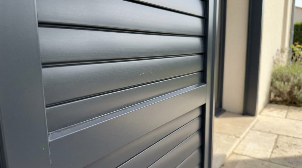 Une rayure visible sur la surface d'un volet battant en aluminium gris foncé.