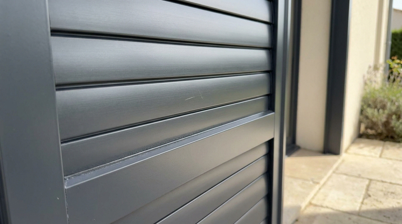 Une rayure visible sur la surface d'un volet battant en aluminium gris foncé.