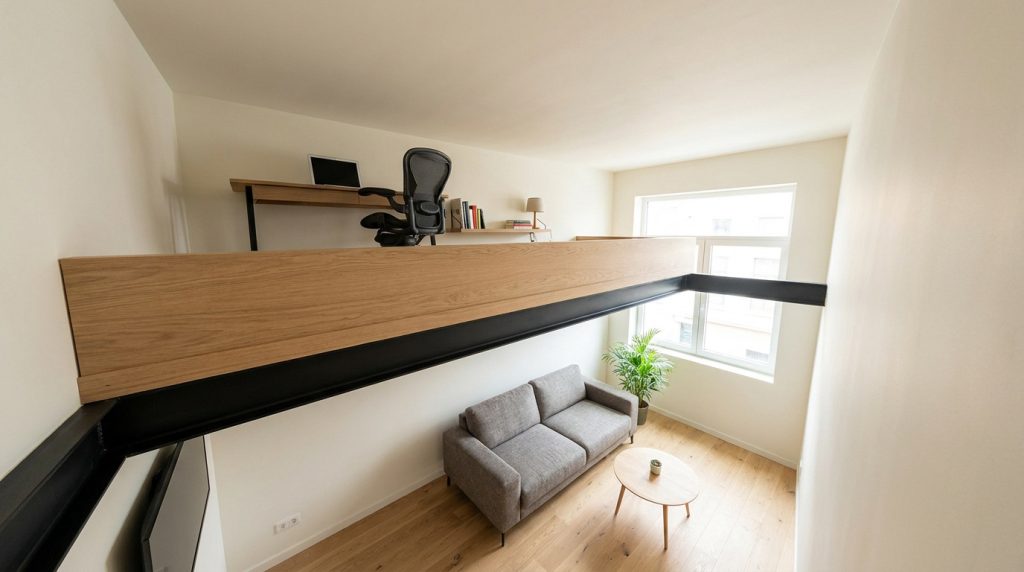 Une mezzanine moderne avec un bureau surplombant un salon avec canapé gris et table basse en bois.