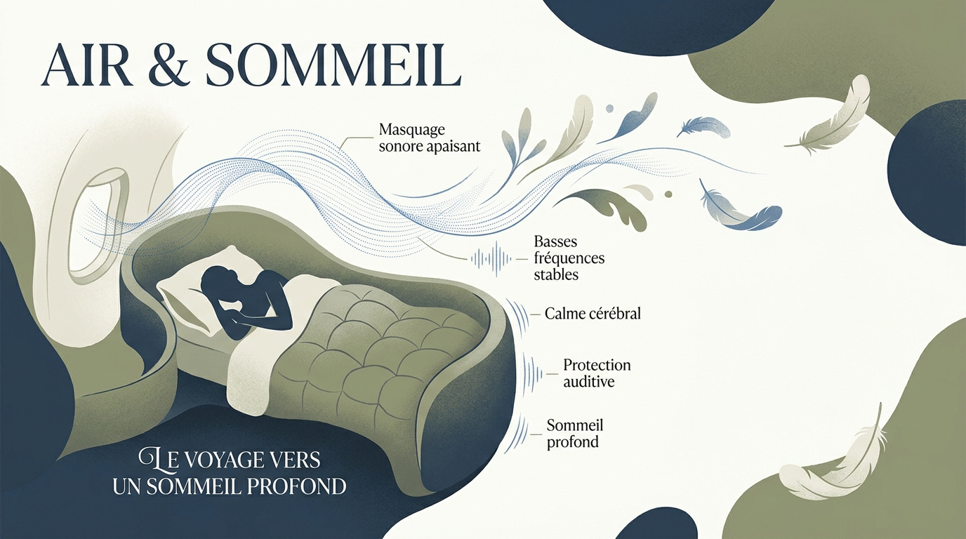 Illustration d'une cabine d'avion apaisante pour favoriser le sommeil profond