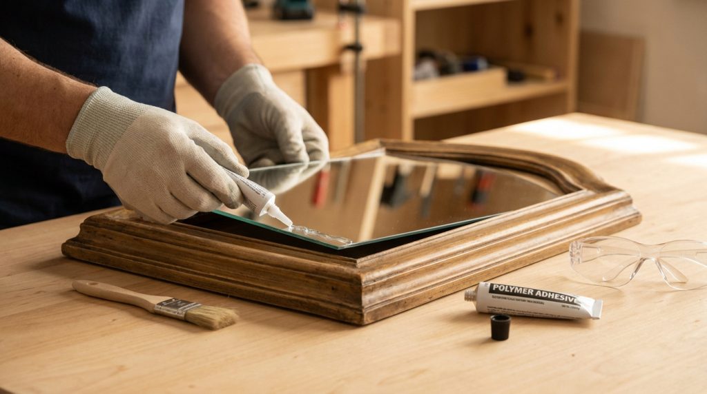 Une personne porte des gants et applique de la colle sur les bords d'un miroir pour le fixer dans un cadre en bois.