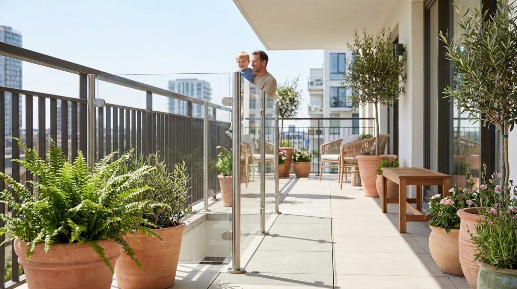 Un père et son jeune enfant profitent d'un balcon ensoleillé sécurisé par une balustrade en verre et métal.