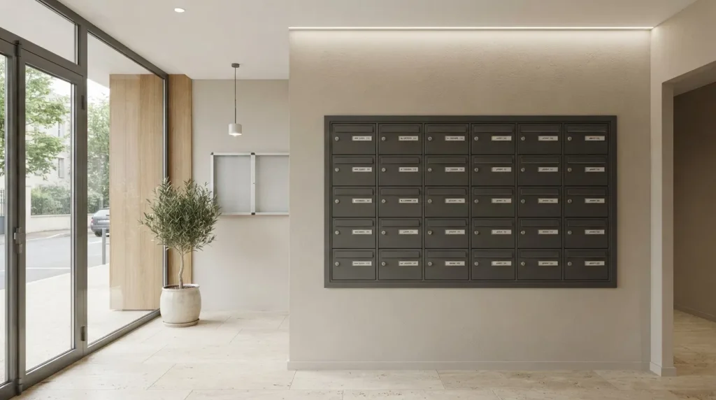 Boîtes aux lettres collectives gris anthracite installées dans le hall d'un immeuble résidentiel