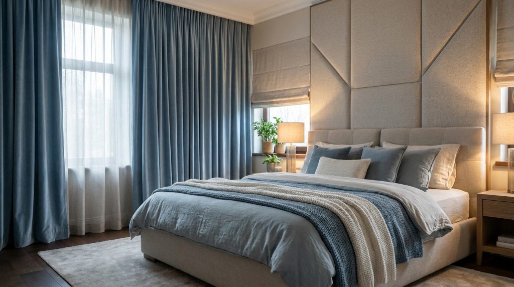 Chambre à coucher moderne avec rideaux épais et tête de lit rembourrée pour une meilleure isolation acoustique.