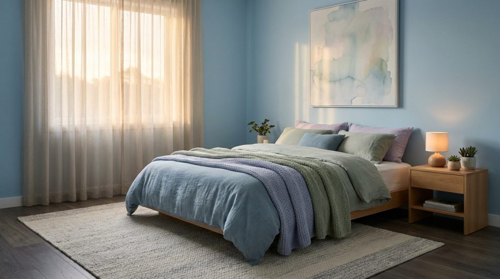 Chambre lumineuse aux murs bleu clair avec un lit confortable paré de linge de maison dans des tons pastel et naturels.