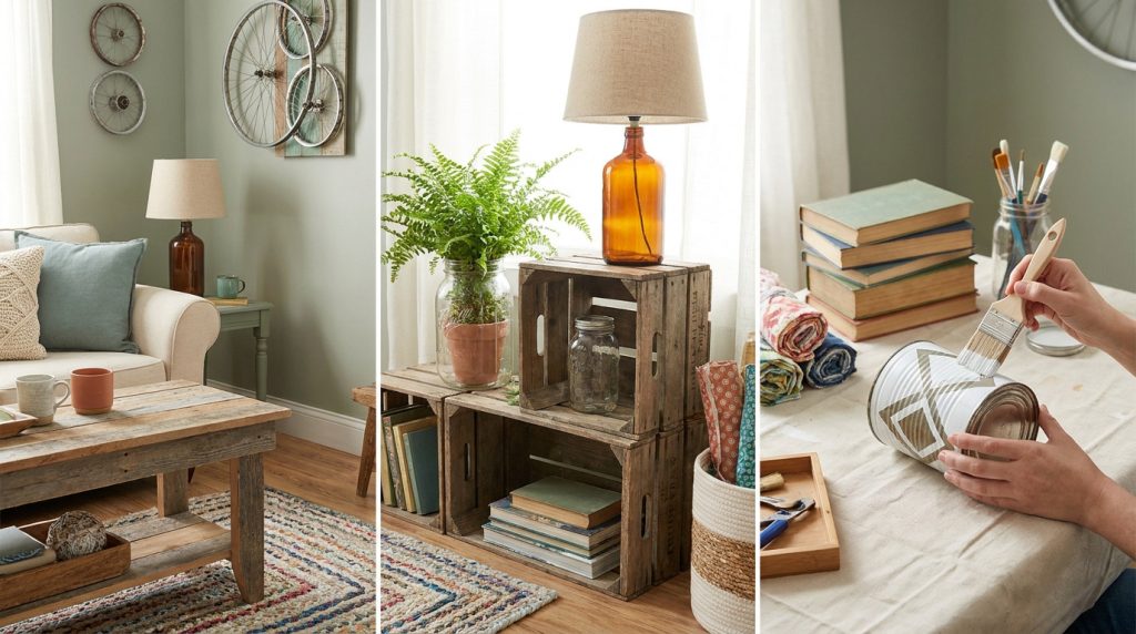Montage photo montrant des meubles et objets de décoration créés à partir de matériaux récupérés.
