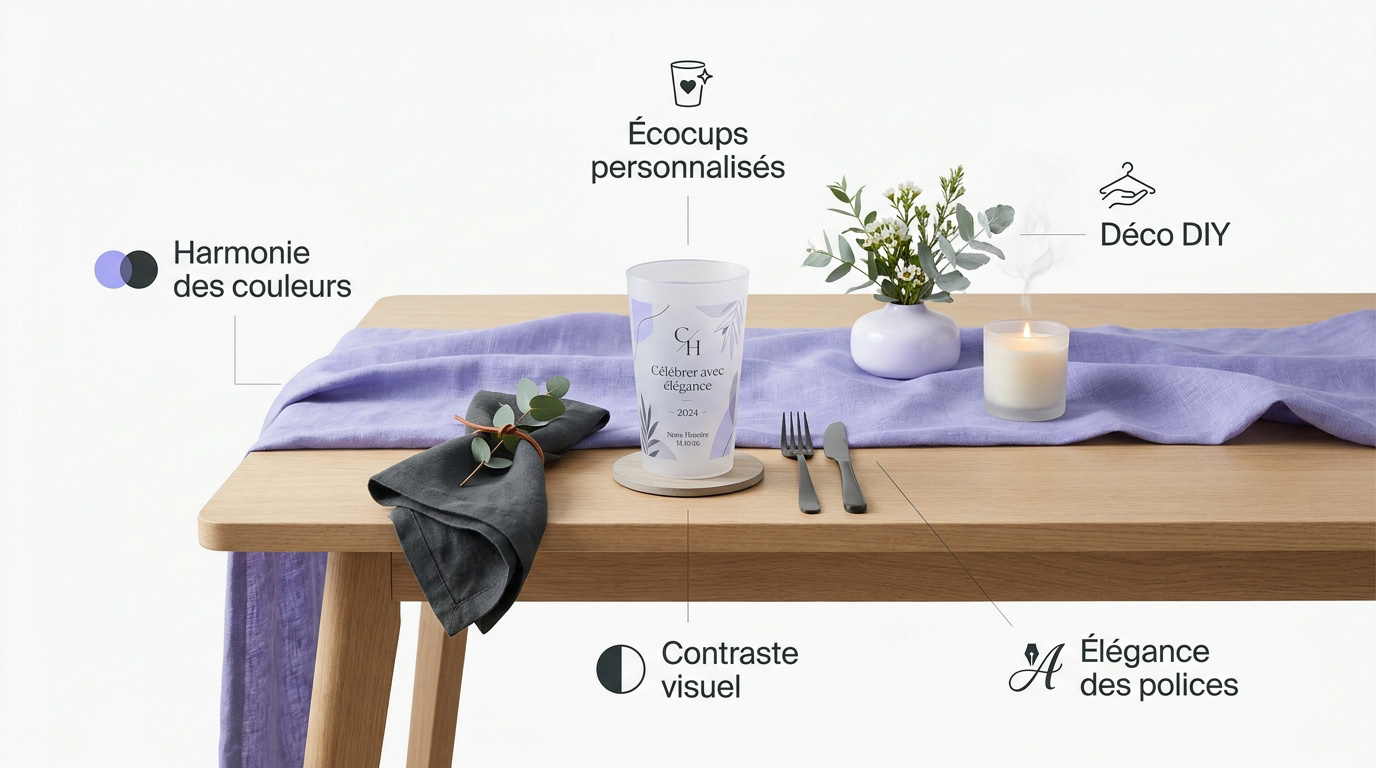 Ecocup personnalisé élégant posé sur une table de fête avec décoration florale