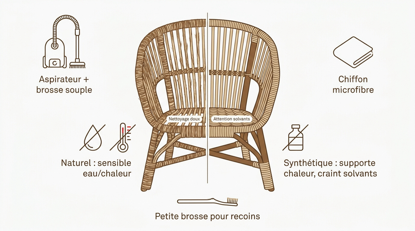 Comparaison visuelle entre le tressage d'un fauteuil en rotin naturel et un modèle en résine synthétique