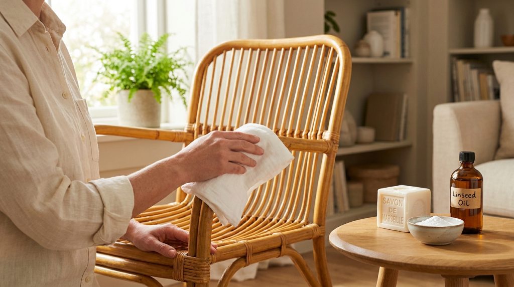 Une personne nettoie un fauteuil en rotin avec un chiffon blanc, près d'une table avec du savon et de l'huile de lin.