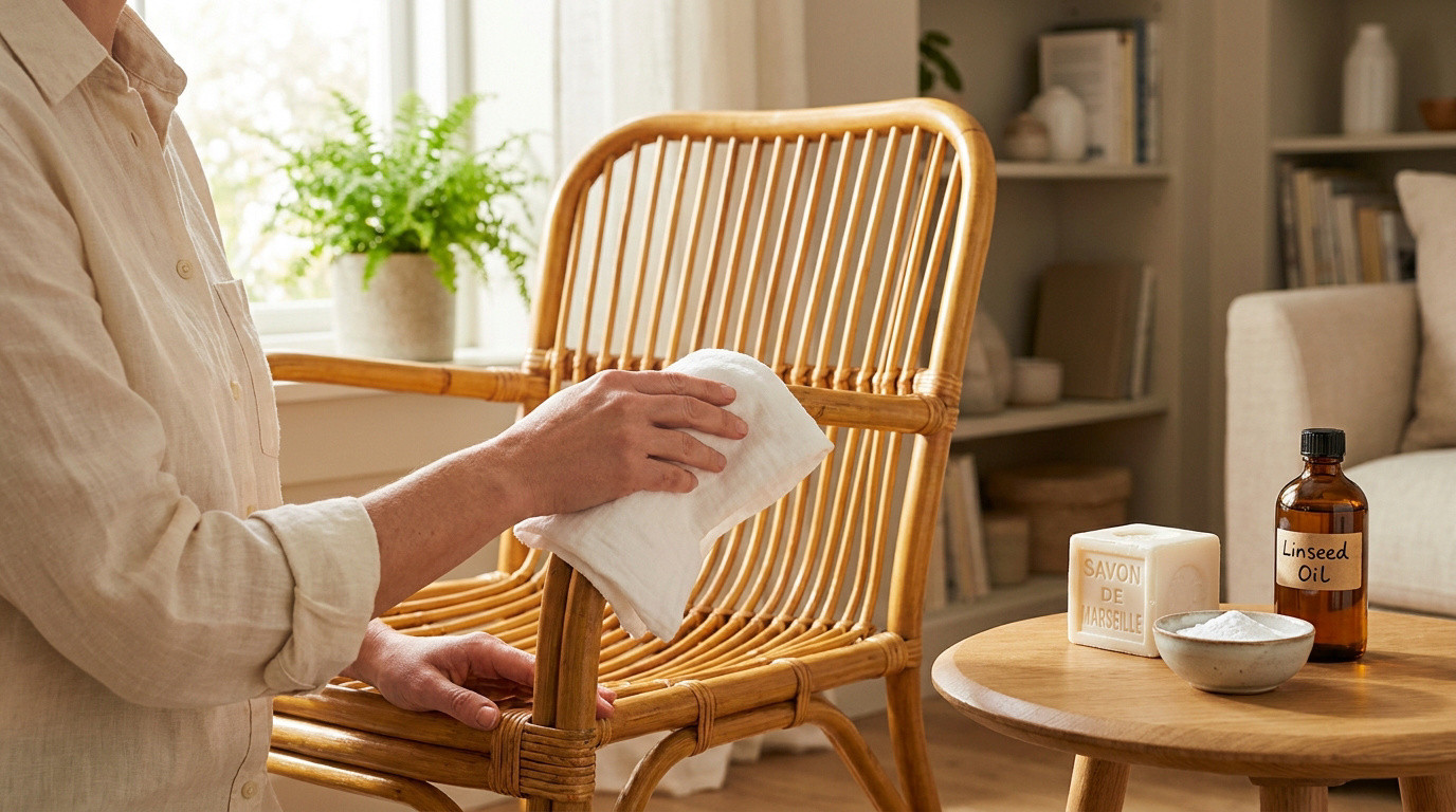 Une personne nettoie un fauteuil en rotin avec un chiffon blanc, près d'une table avec du savon et de l'huile de lin.