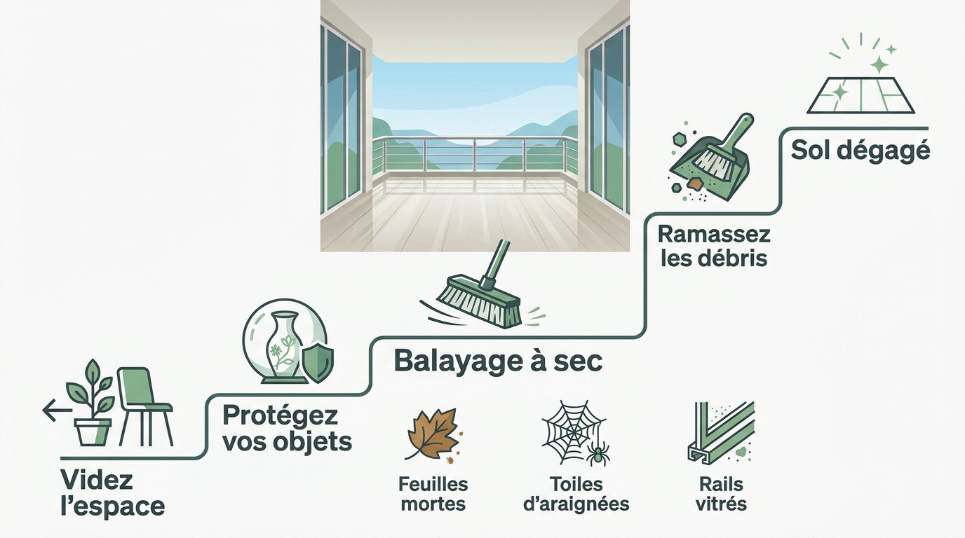 Nettoyage d'un balcon avec un balai brosse et des produits naturels