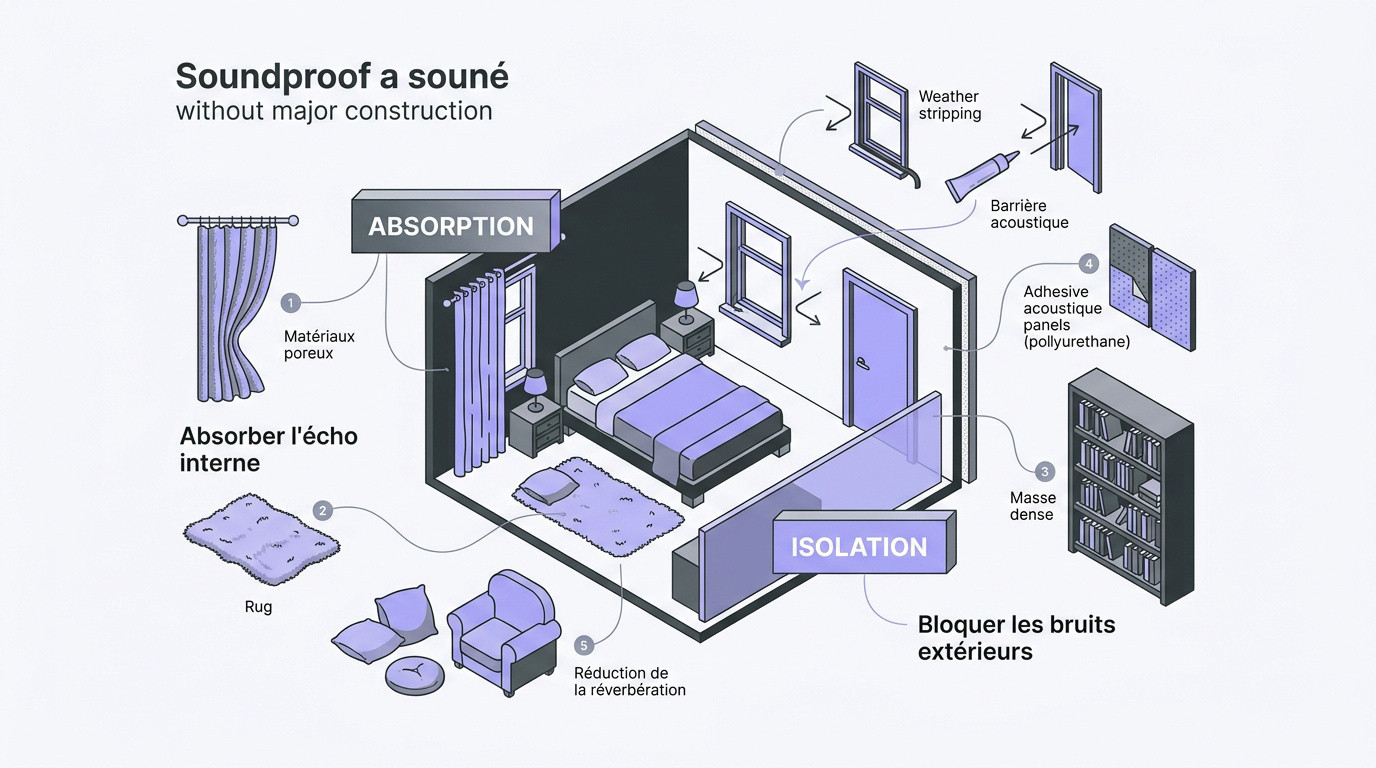 Schéma expliquant la différence entre l'absorption acoustique par textiles et l'isolation phonique par la masse