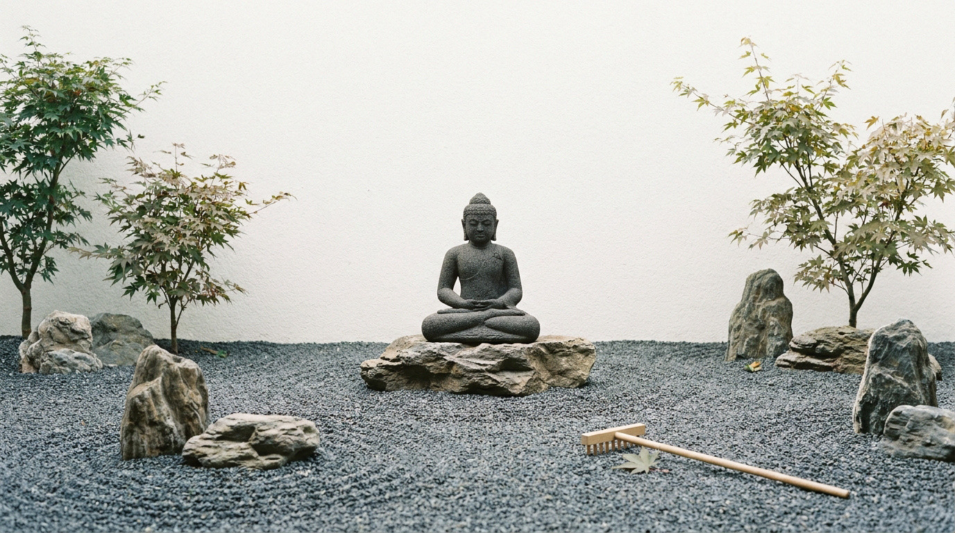 Aménagement jardin zen minimaliste avec gravier ratissé et statue de Bouddha