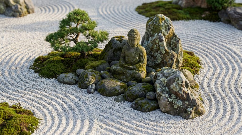 Statue de Bouddha entourée de rochers, de mousse et d'un bonsaï sur un lit de graviers ratissés formant des ondes.