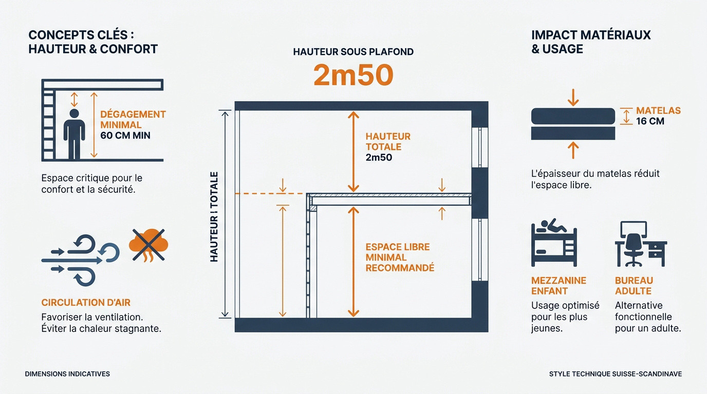 Schéma des hauteurs recommandées pour une mezzanine sous un plafond de 2m50
