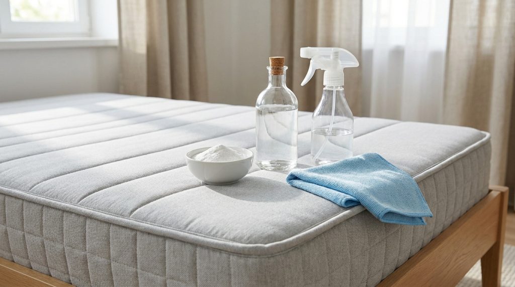 Bol de bicarbonate, flacon pulvérisateur et chiffon bleu posés sur un matelas pour le nettoyer.