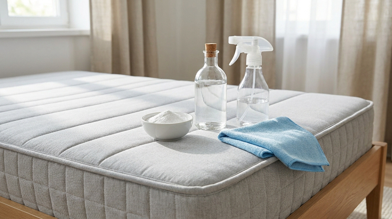 Bol de bicarbonate, flacon pulvérisateur et chiffon bleu posés sur un matelas pour le nettoyer.