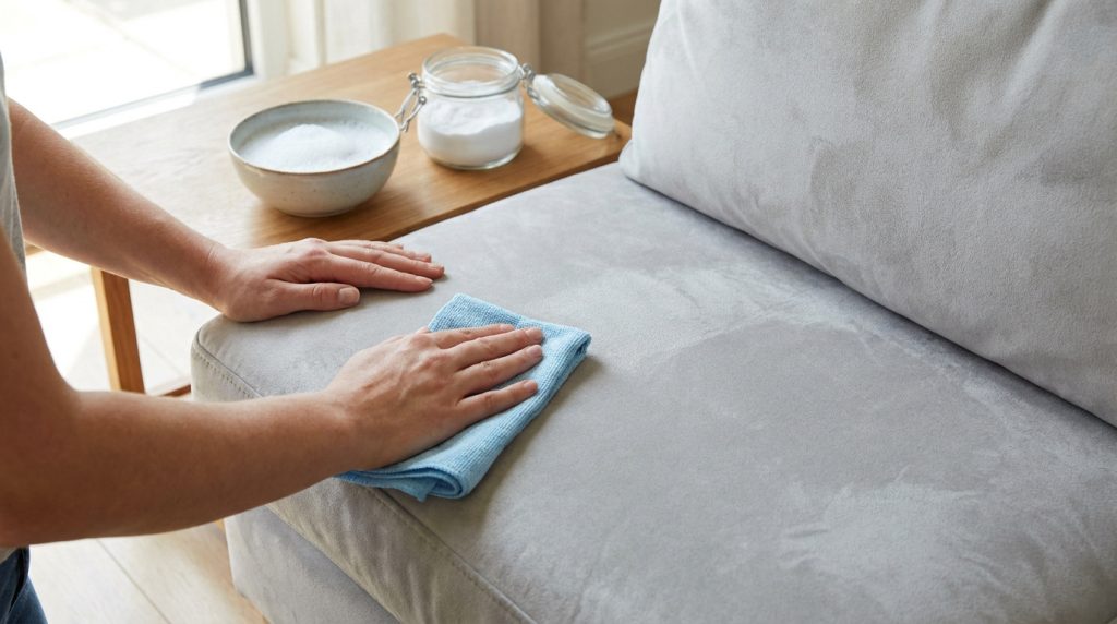 Une personne nettoie un canapé gris en alcantara avec un chiffon bleu et des produits d'entretien naturels sur une table.