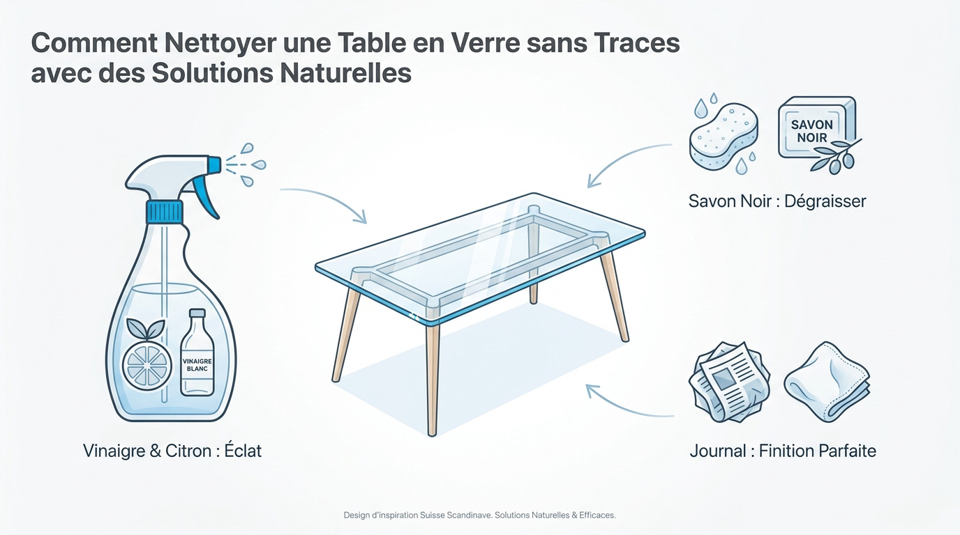 Nettoyage d'une table en verre avec des produits naturels comme le citron et le vinaigre
