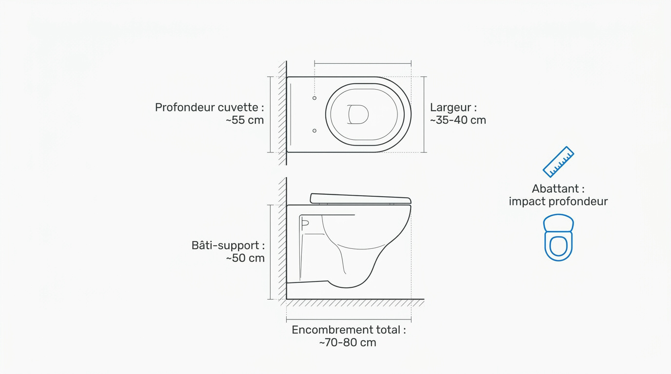 Schéma technique des dimensions d'un WC suspendu incluant la cuvette et le bâti-support