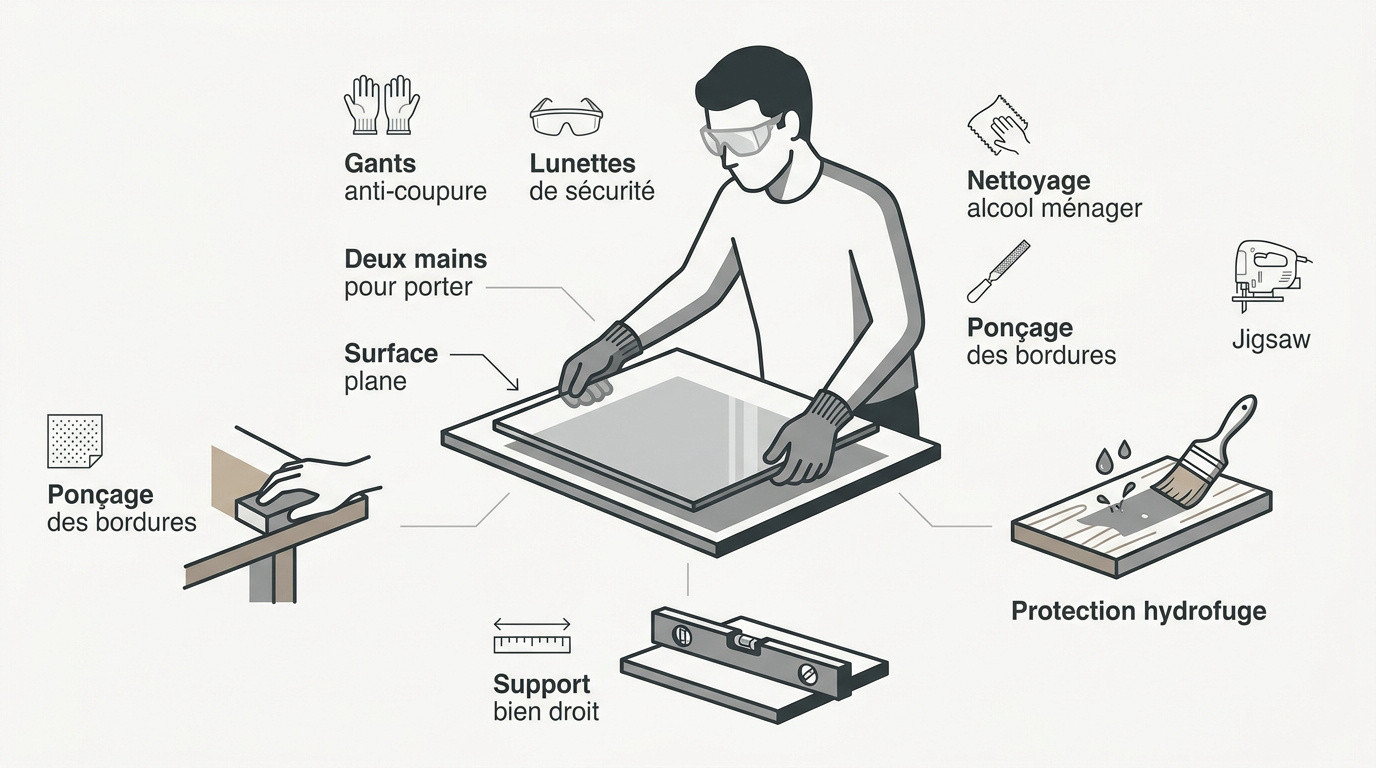 Plan de travail sécurisé avec gants et outils pour projet miroir DIY