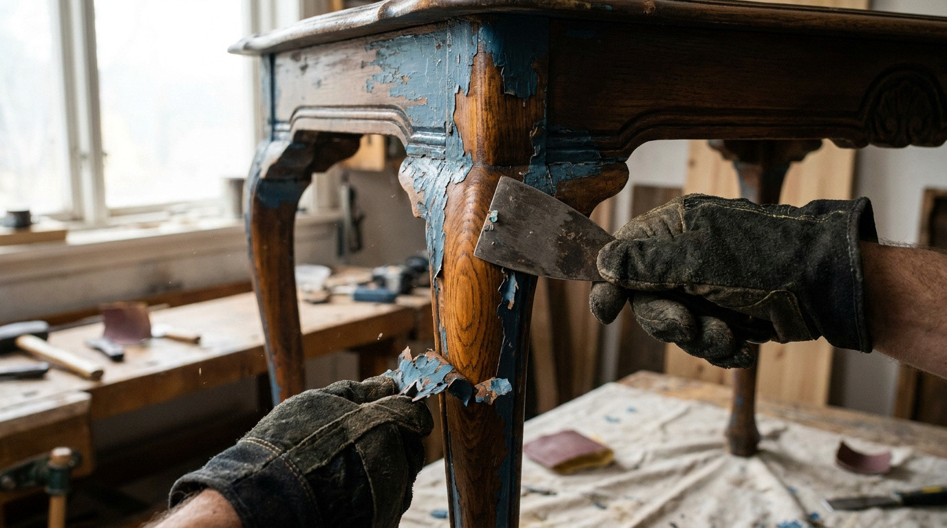 Gros plan sur des mains gantées utilisant un grattoir pour enlever la vieille peinture bleue d'une table en bois.