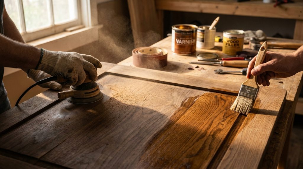 Gros plan sur le ponçage et le vernissage manuel d'une table en bois dans un atelier.