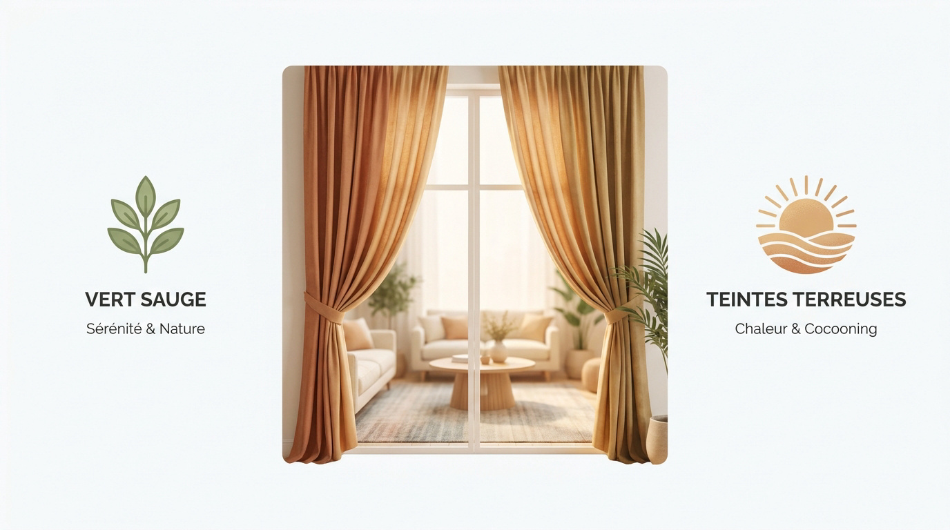Rideaux de salon tendance 2026 aux teintes vert sauge et terreuses pour une ambiance cocooning